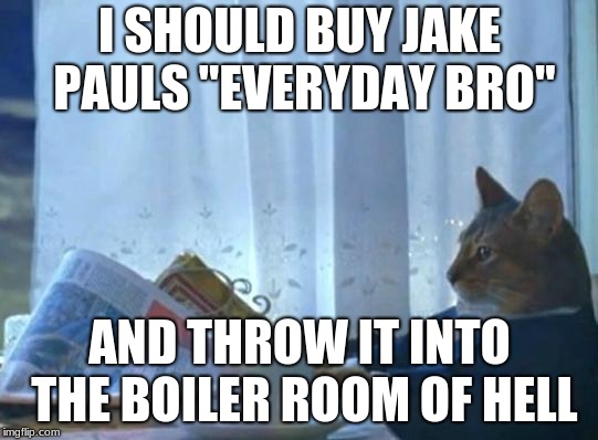 Cat newspaper |  I SHOULD BUY JAKE PAULS "EVERYDAY BRO"; AND THROW IT INTO THE BOILER ROOM OF HELL | image tagged in cat newspaper | made w/ Imgflip meme maker