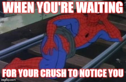 Sexy Railroad Spiderman Meme | WHEN YOU'RE WAITING; FOR YOUR CRUSH TO NOTICE YOU | image tagged in memes,sexy railroad spiderman,spiderman | made w/ Imgflip meme maker