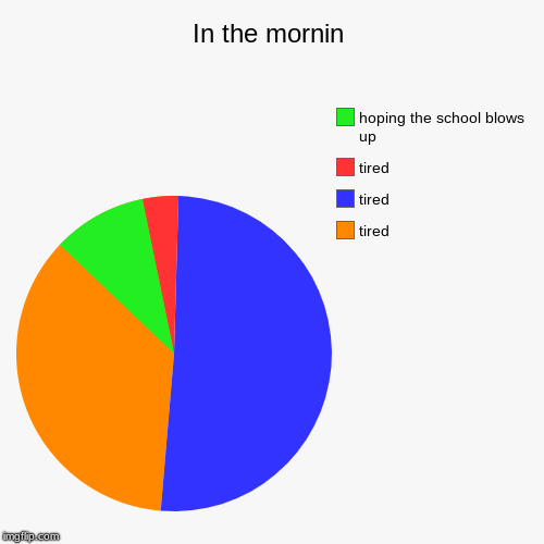In the mornin | tired, tired, tired, hoping the school blows up | image tagged in funny,pie charts | made w/ Imgflip chart maker