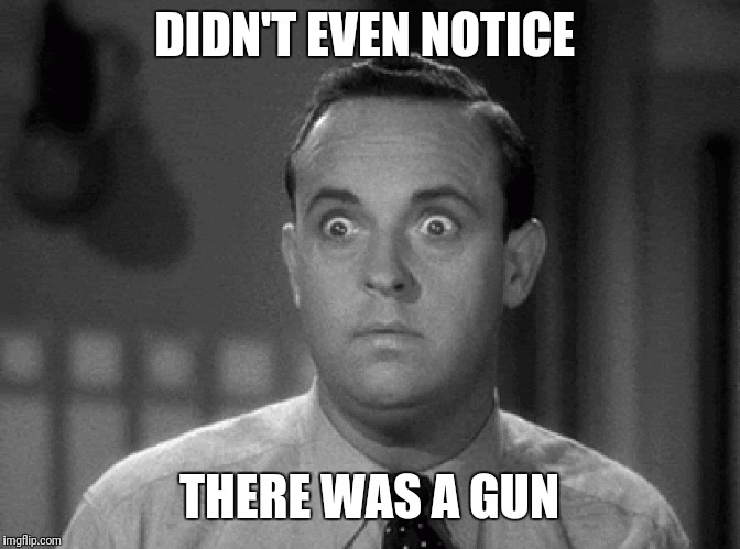 shocked face | DIDN'T EVEN NOTICE THERE WAS A GUN | image tagged in shocked face | made w/ Imgflip meme maker