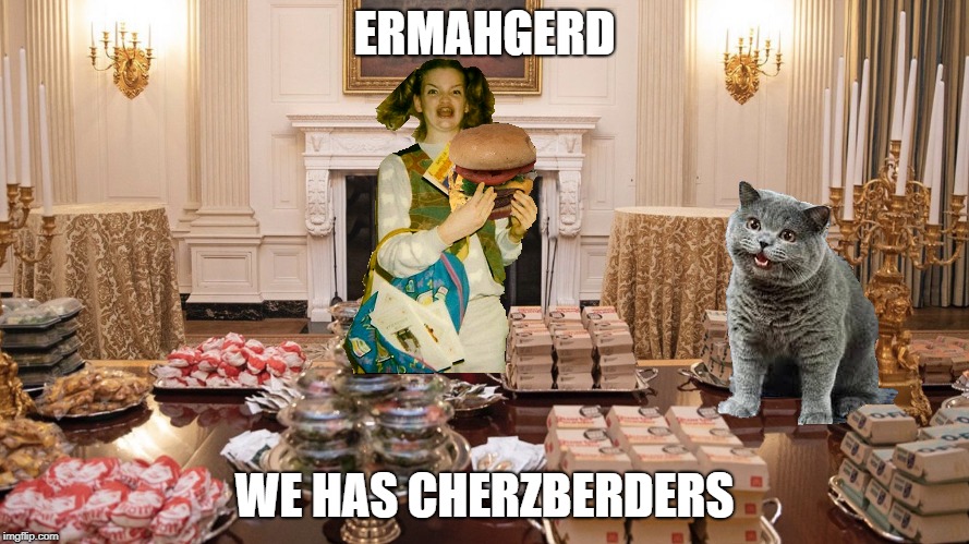 CHERZBERDERS!! | ERMAHGERD; WE HAS CHERZBERDERS | image tagged in ermahgerd berks,i can has cheezburger cat,trump,burgers,cheeseburger | made w/ Imgflip meme maker