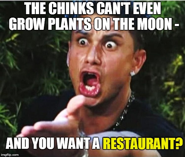 THE CHINKS CAN'T EVEN GROW PLANTS ON THE MOON - AND YOU WANT A RESTAURANT? RESTAURANT? | made w/ Imgflip meme maker