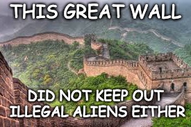 THIS GREAT WALL; DID NOT KEEP OUT ILLEGAL ALIENS EITHER | image tagged in wall,great chinese wall,trump wall,illegal aliens | made w/ Imgflip meme maker