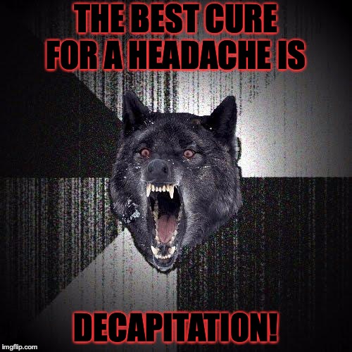 Insanity Wolf | THE BEST CURE FOR A HEADACHE IS; DECAPITATION! | image tagged in memes,insanity wolf | made w/ Imgflip meme maker