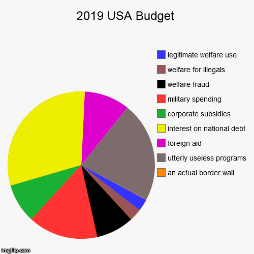 This pie is 83% garbage, but that isn't why some people hate it. | 2019 USA Budget | an actual border wall, utterly useless programs, foreign aid, interest on national debt, corporate subsidies, military spe | image tagged in pie charts,government shutdown,government corruption,national debt,budget,libtards | made w/ Imgflip chart maker