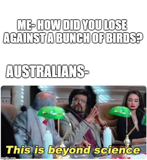 ME- HOW DID YOU LOSE AGAINST A BUNCH OF BIRDS? AUSTRALIANS- | image tagged in australia | made w/ Imgflip meme maker