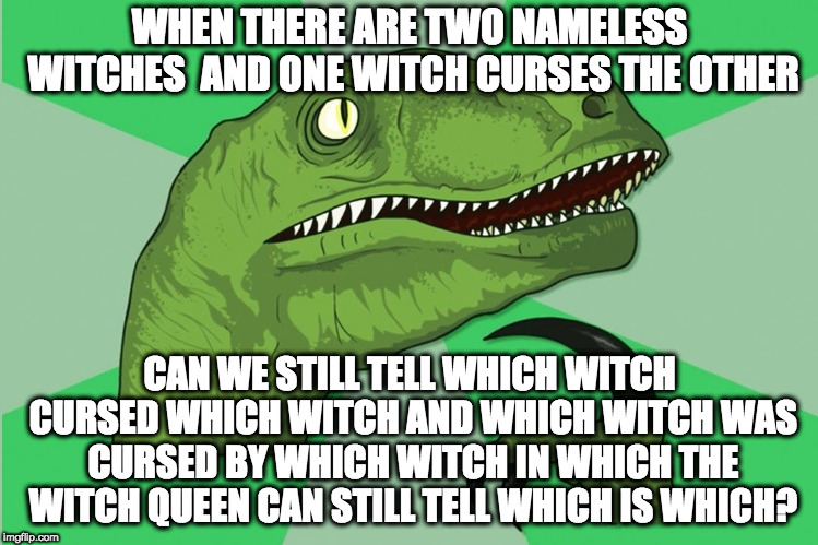 Can you tell which is which? | WHEN THERE ARE TWO NAMELESS WITCHES  AND ONE WITCH CURSES THE OTHER; CAN WE STILL TELL WHICH WITCH CURSED WHICH WITCH AND WHICH WITCH WAS CURSED BY WHICH WITCH IN WHICH THE WITCH QUEEN CAN STILL TELL WHICH IS WHICH? | image tagged in new philosoraptor,grammar | made w/ Imgflip meme maker
