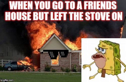 Burn Kitty Meme | WHEN YOU GO TO A FRIENDS HOUSE BUT LEFT THE STOVE ON | image tagged in memes,burn kitty,grumpy cat | made w/ Imgflip meme maker