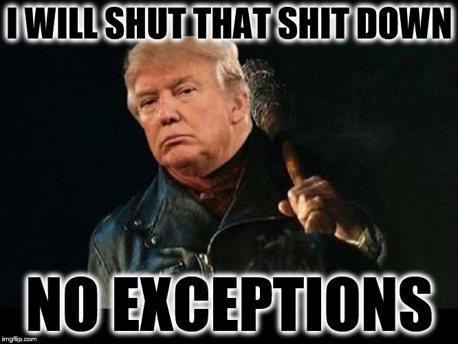 I WILL SHUT THAT SHIT DOWN; NO EXCEPTIONS | image tagged in donald trump,negan and lucille,trump shutdown | made w/ Imgflip meme maker