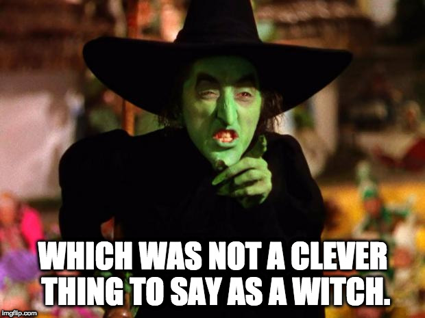 wicked witch  | WHICH WAS NOT A CLEVER THING TO SAY AS A WITCH. | image tagged in wicked witch | made w/ Imgflip meme maker