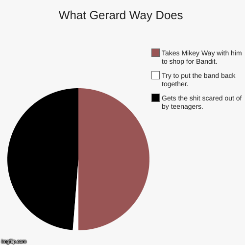 What Gerard Way Does | Gets the shit scared out of by teenagers., Try to put the band back together., Takes Mikey Way with him to shop for B | image tagged in funny,pie charts | made w/ Imgflip chart maker