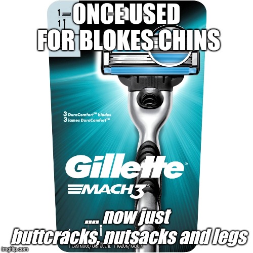 Soy boy razor | ONCE USED FOR BLOKES CHINS; .... now just buttcracks, nutsacks and legs | image tagged in gillette,soy boy,homos | made w/ Imgflip meme maker