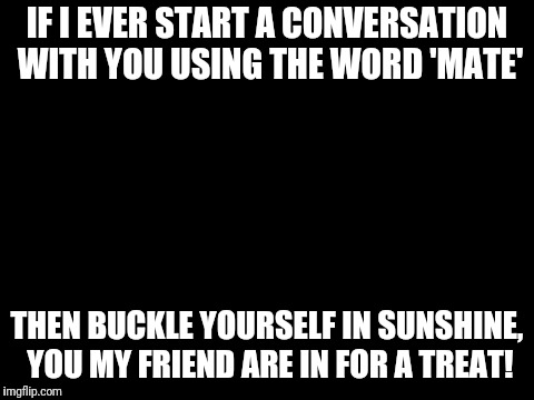 Blank White Template | IF I EVER START A CONVERSATION WITH YOU USING THE WORD 'MATE'; THEN BUCKLE YOURSELF IN SUNSHINE, YOU MY FRIEND ARE IN FOR A TREAT! | image tagged in blank white template | made w/ Imgflip meme maker
