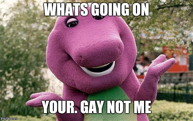 barney | WHATS GOING ON; YOUR. GAY NOT ME | image tagged in barney | made w/ Imgflip meme maker