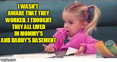 Shrugging kid | I WASN'T AWARE THAT THEY WORKED. I THOUGHT THEY ALL LIVED IN MOMMY'S AND DADDY'S BASEMENT | image tagged in shrugging kid | made w/ Imgflip meme maker