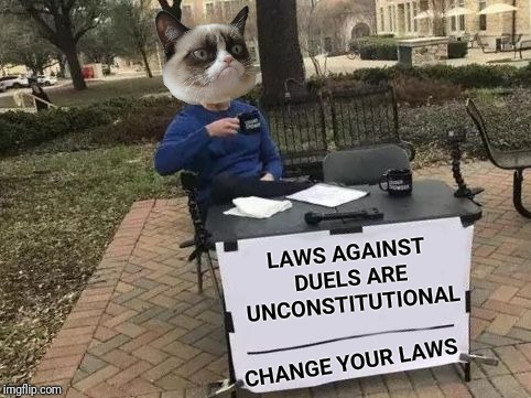 Grumpy Cat's favorite spectator sport. | LAWS AGAINST DUELS ARE UNCONSTITUTIONAL; CHANGE YOUR LAWS | image tagged in change your mind,change my mind,grumpy cat,dueling,gun control,politics | made w/ Imgflip meme maker