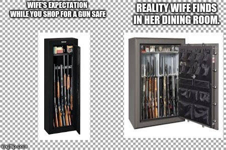 Free | REALITY WIFE FINDS IN HER DINING ROOM. WIFE'S EXPECTATION WHILE YOU SHOP FOR A GUN SAFE | image tagged in free | made w/ Imgflip meme maker