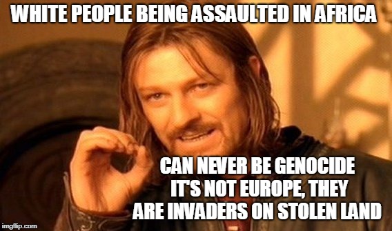One Does Not Simply | WHITE PEOPLE BEING ASSAULTED IN AFRICA; CAN NEVER BE GENOCIDE IT'S NOT EUROPE, THEY ARE INVADERS ON STOLEN LAND | image tagged in memes,one does not simply | made w/ Imgflip meme maker