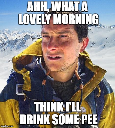 Bear Grylls |  AHH, WHAT A LOVELY MORNING; THINK I'LL DRINK SOME PEE | image tagged in memes,bear grylls | made w/ Imgflip meme maker
