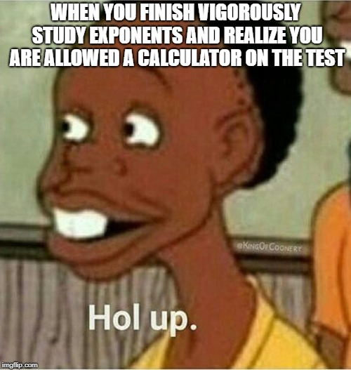 *Facepalm* | WHEN YOU FINISH VIGOROUSLY STUDY EXPONENTS AND REALIZE YOU ARE ALLOWED A CALCULATOR ON THE TEST | image tagged in hol up,exams,high school,studying,nerd,stupid | made w/ Imgflip meme maker