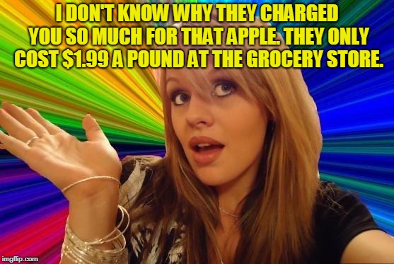 Dumb Blonde Meme | I DON'T KNOW WHY THEY CHARGED YOU SO MUCH FOR THAT APPLE. THEY ONLY COST $1.99 A POUND AT THE GROCERY STORE. | image tagged in memes,dumb blonde | made w/ Imgflip meme maker