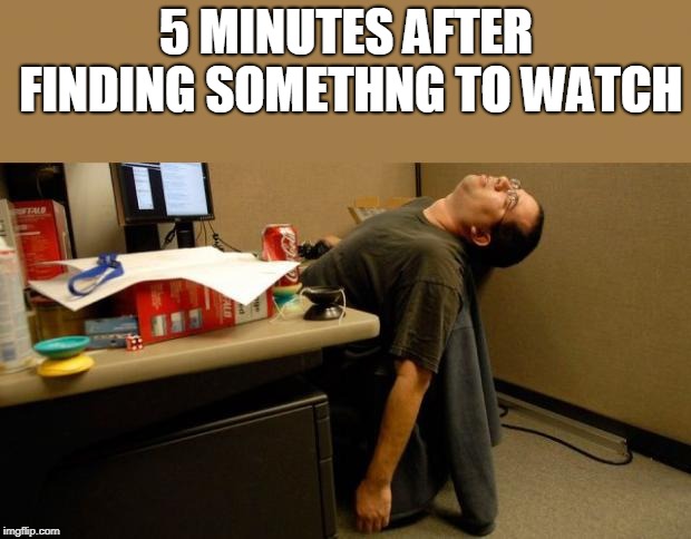 asleep at desk | 5 MINUTES AFTER FINDING SOMETHNG TO WATCH | image tagged in asleep at desk | made w/ Imgflip meme maker