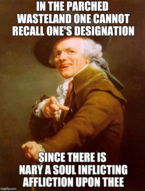Joseph Ducreux Meme | IN THE PARCHED WASTELAND ONE CANNOT RECALL ONE'S DESIGNATION SINCE THERE IS NARY A SOUL INFLICTING AFFLICTION UPON THEE | image tagged in memes,joseph ducreux | made w/ Imgflip meme maker
