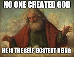 god | NO ONE CREATED GOD HE IS THE SELF-EXISTENT BEING | image tagged in god | made w/ Imgflip meme maker
