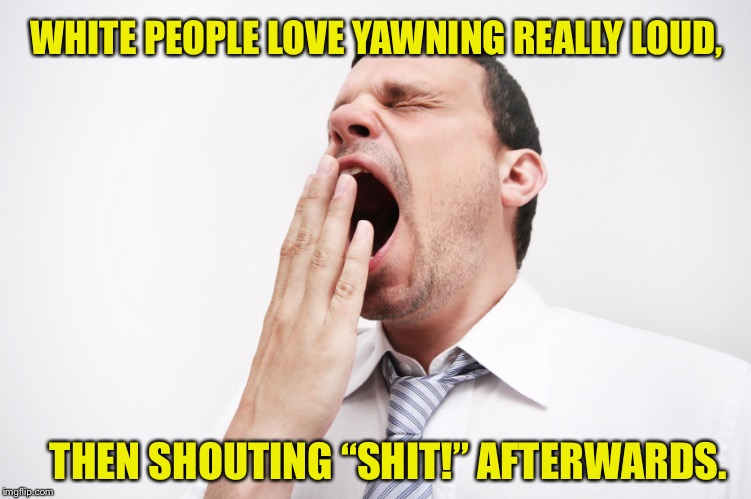 yawn | WHITE PEOPLE LOVE YAWNING REALLY LOUD, THEN SHOUTING “SHIT!” AFTERWARDS. | image tagged in yawn | made w/ Imgflip meme maker