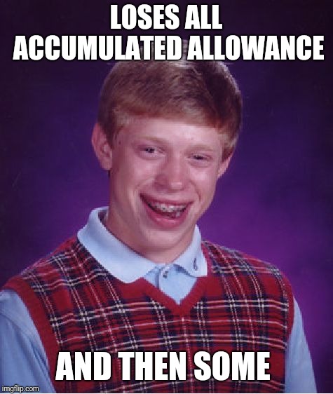 Bad Luck Brian Meme | LOSES ALL ACCUMULATED ALLOWANCE AND THEN SOME | image tagged in memes,bad luck brian | made w/ Imgflip meme maker