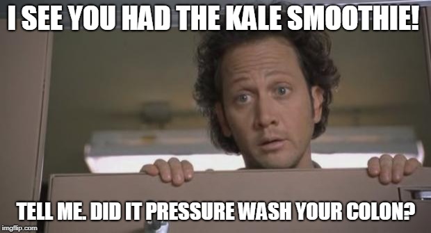 Rob Schnieder Bathroom | I SEE YOU HAD THE KALE SMOOTHIE! TELL ME. DID IT PRESSURE WASH YOUR COLON? | image tagged in rob schnieder bathroom | made w/ Imgflip meme maker