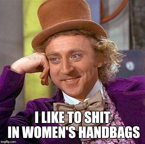 Creepy Condescending Wonka Meme | I LIKE TO SHIT IN WOMEN'S HANDBAGS | image tagged in memes,creepy condescending wonka | made w/ Imgflip meme maker