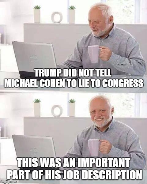 Job Requirements: Cheat taxes, bribe people, and lie about it, especially to the Feds. | TRUMP DID NOT TELL MICHAEL COHEN TO LIE TO CONGRESS; THIS WAS AN IMPORTANT PART OF HIS JOB DESCRIPTION | image tagged in hide the pain harold,impeach trump,michael cohen,dumbass | made w/ Imgflip meme maker