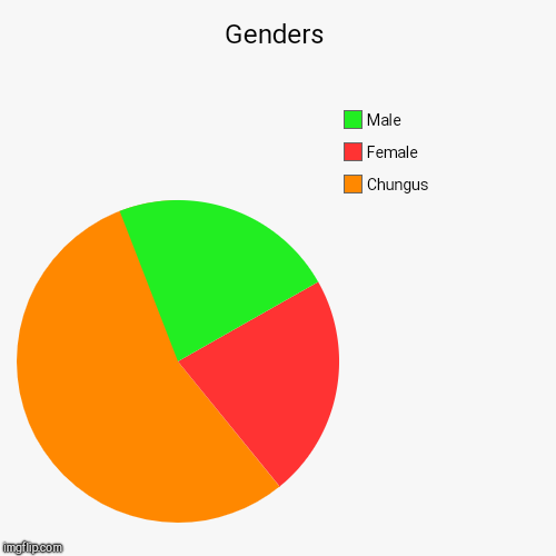 Genders | Chungus, Female, Male | image tagged in funny,pie charts | made w/ Imgflip chart maker