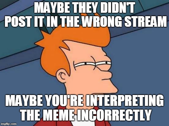 Futurama Fry Meme | MAYBE THEY DIDN'T POST IT IN THE WRONG STREAM MAYBE YOU'RE INTERPRETING THE MEME INCORRECTLY | image tagged in memes,futurama fry | made w/ Imgflip meme maker