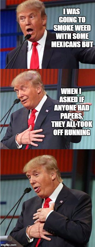 Maybe I should have used a different template.  |  I WAS GOING TO SMOKE WEED WITH SOME MEXICANS BUT; WHEN I ASKED IF ANYONE HAD PAPERS, THEY ALL TOOK OFF RUNNING | image tagged in bad pun trump,random,illegal aliens,illegal immigration,build the wall,weed | made w/ Imgflip meme maker