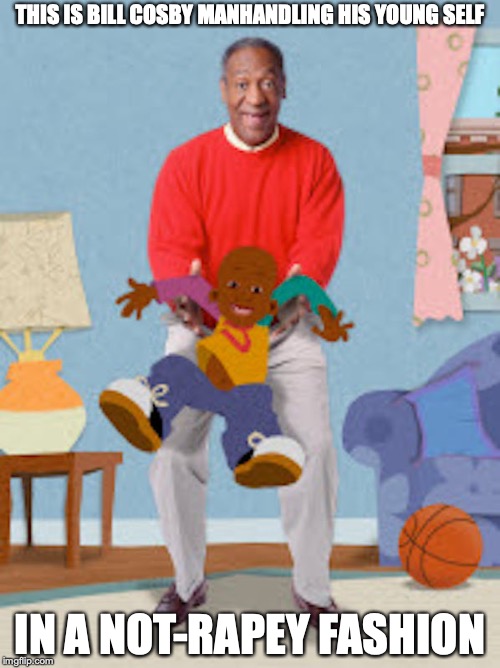 Bill Cosby and Lil Bill | THIS IS BILL COSBY MANHANDLING HIS YOUNG SELF; IN A NOT-RAPEY FASHION | image tagged in little bill,bill cosby,memes | made w/ Imgflip meme maker
