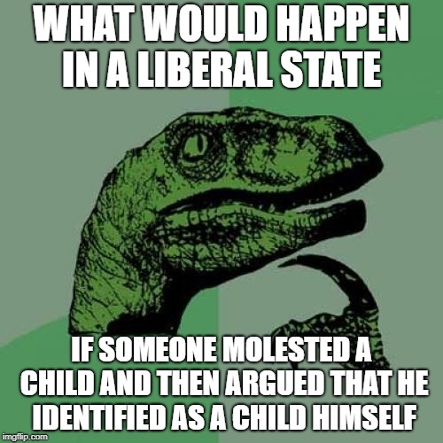 Philosoraptor Meme | WHAT WOULD HAPPEN IN A LIBERAL STATE; IF SOMEONE MOLESTED A CHILD AND THEN ARGUED THAT HE IDENTIFIED AS A CHILD HIMSELF | image tagged in memes,philosoraptor | made w/ Imgflip meme maker