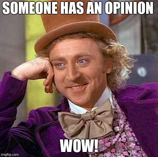 Creepy Condescending Wonka Meme | SOMEONE HAS AN OPINION WOW! | image tagged in memes,creepy condescending wonka | made w/ Imgflip meme maker