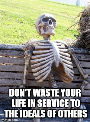 Waiting Skeleton Meme | DON'T WASTE YOUR LIFE IN SERVICE TO THE IDEALS OF OTHERS | image tagged in memes,waiting skeleton | made w/ Imgflip meme maker