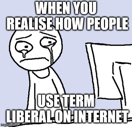 crying computer reaction | WHEN YOU REALISE HOW PEOPLE; USE TERM LIBERAL ON INTERNET | image tagged in crying computer reaction | made w/ Imgflip meme maker