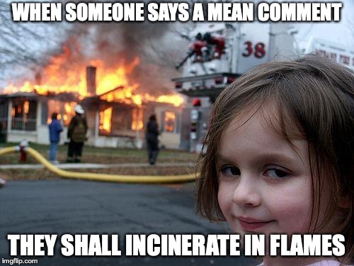 Disaster Girl | WHEN SOMEONE SAYS A MEAN COMMENT; THEY SHALL INCINERATE IN FLAMES | image tagged in memes,disaster girl | made w/ Imgflip meme maker