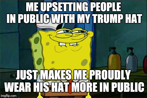 Don't You Squidward Meme | ME UPSETTING PEOPLE IN PUBLIC WITH MY TRUMP HAT; JUST MAKES ME PROUDLY WEAR HIS HAT MORE IN PUBLIC | image tagged in memes,dont you squidward | made w/ Imgflip meme maker