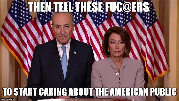 Pelosi and Schumer | THEN TELL THESE FU€@ERS TO START CARING ABOUT THE AMERICAN PUBLIC | image tagged in pelosi and schumer | made w/ Imgflip meme maker