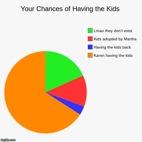 Your Chances of Having the Kids | Karen having the kids, Having the kids back, Kids adopted by Martha, Lmao they don't exist | image tagged in funny,pie charts | made w/ Imgflip chart maker