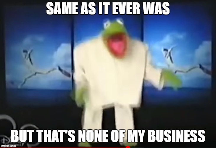 Croaking Heads |  SAME AS IT EVER WAS; BUT THAT'S NONE OF MY BUSINESS | image tagged in talking heads,kermit the frog | made w/ Imgflip meme maker