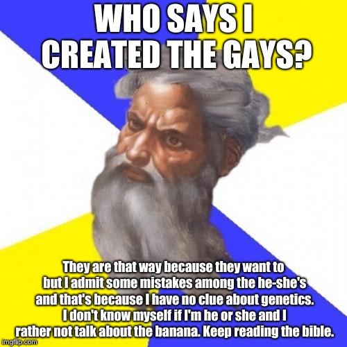 Advice God | WHO SAYS I CREATED THE GAYS? They are that way because they want to but I admit some mistakes among the he-she's and that's because I have no clue about genetics. I don't know myself if I'm he or she and I rather not talk about the banana. Keep reading the bible. | image tagged in memes,advice god | made w/ Imgflip meme maker
