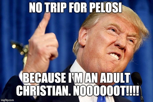 Orange baby is mad  | NO TRIP FOR PELOSI; BECAUSE I'M AN ADULT CHRISTIAN. NOOOOOOT!!!! | image tagged in memes,donald trump,idiot | made w/ Imgflip meme maker