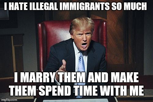 Donald Trump You're Fired | I HATE ILLEGAL IMMIGRANTS SO MUCH; I MARRY THEM AND MAKE THEM SPEND TIME WITH ME | image tagged in donald trump you're fired | made w/ Imgflip meme maker