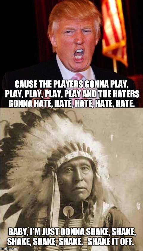 Donald Trump and Native American | CAUSE THE PLAYERS GONNA PLAY, PLAY, PLAY, PLAY, PLAY
AND THE HATERS GONNA HATE, HATE, HATE, HATE, HATE. BABY, I'M JUST GONNA SHAKE, SHAKE, SHAKE, SHAKE, SHAKE. 
 SHAKE IT OFF. | image tagged in donald trump and native american | made w/ Imgflip meme maker